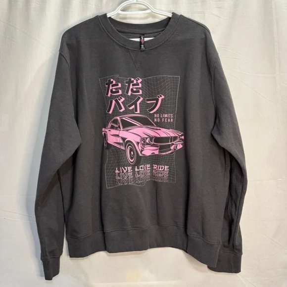 Hot Topic Pink Graphic Black Crewneck Unisex Retro Sweatshirt ‘Just A Vibe’ XL - Picture 1 of 11